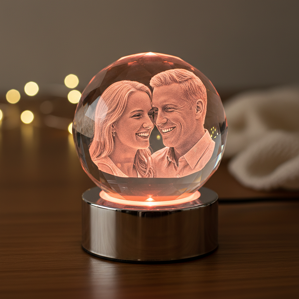Portrait de couple gravé en 3D dans sphère cristal illuminée