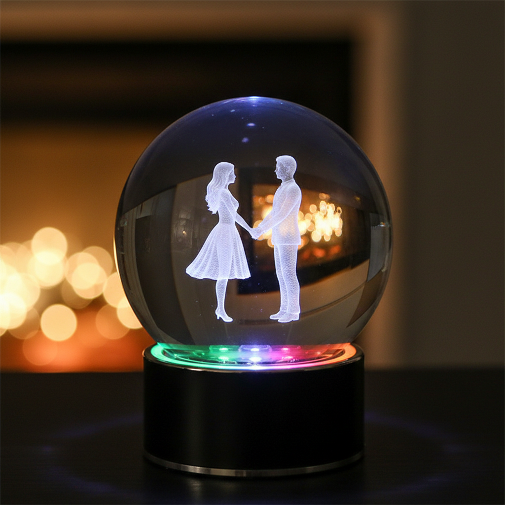 Veilleuse sphère cristal 3D - Couple se tenant la main