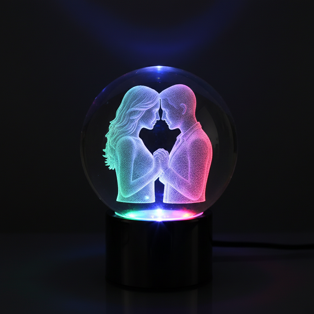 Couple gravé dans sphère cristal 3D avec éclairage LED multicolore