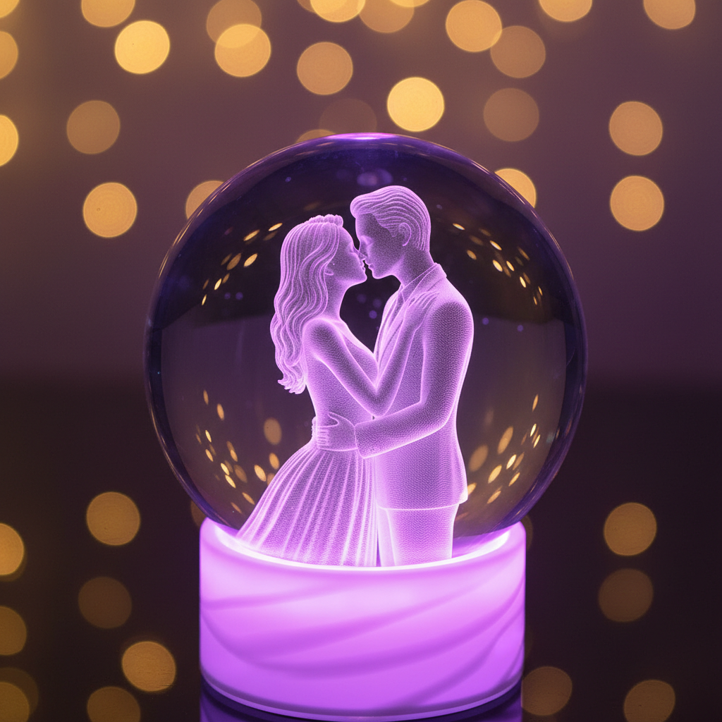 Sphère en cristal 3D avec couple s'embrassant - LED rose et violet